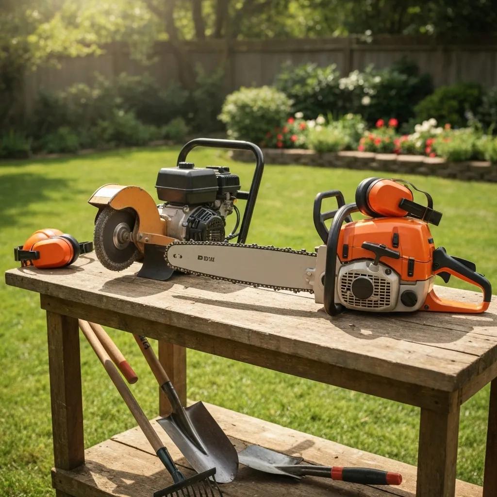 A collection of tools commonly used for DIY tree stump removal, including a stump grinder, chainsaw, and essential protective gear