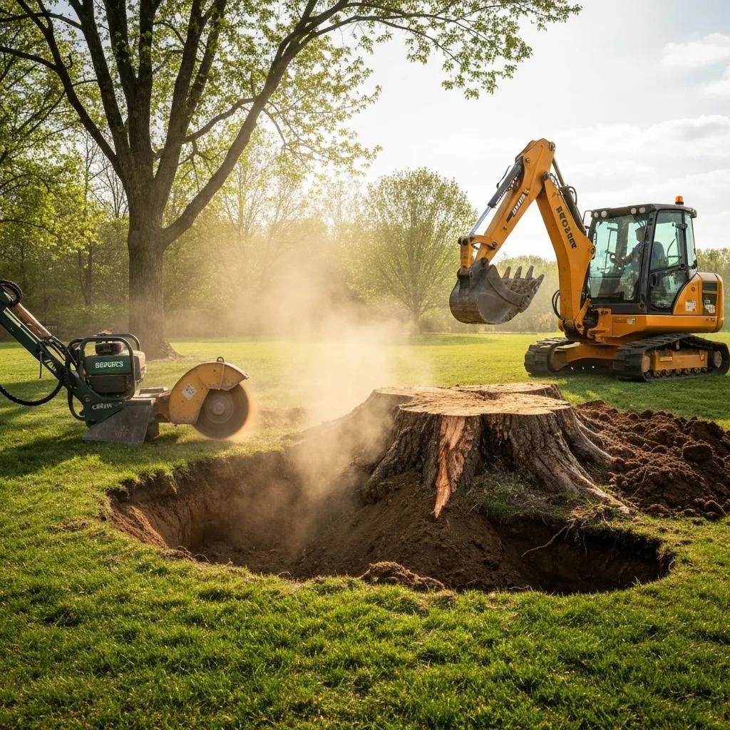 A visual comparison of stump grinding versus full extraction methods in a residential yard setting