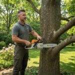 Professional arborist using a stump grinder for tree stump removal in a residential yard
