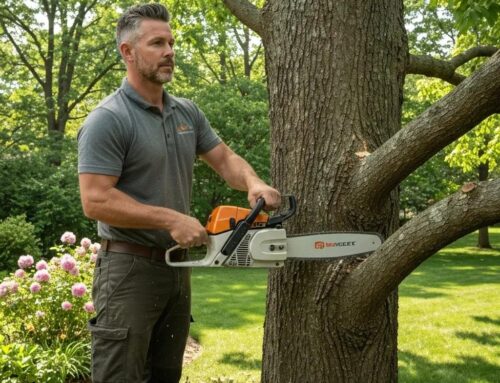 Professional tree service technician using a chainsaw to cut a tree branch in a well-maintained garden, emphasizing the importance of expert stump grinding and tree care services.