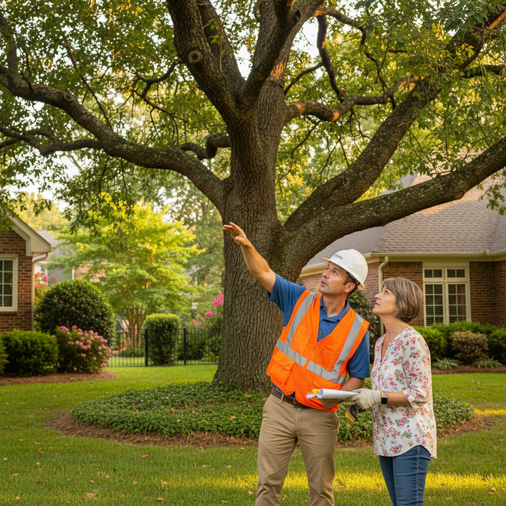 Certified arborist conducting on-site tree removal assessment with homeowner in Raleigh NC backyard