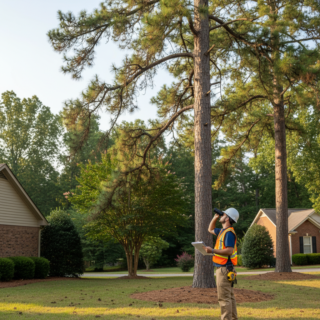 Certified arborist inspecting a large pine tree in a Raleigh NC yard before hurricane season for structural risk assessment