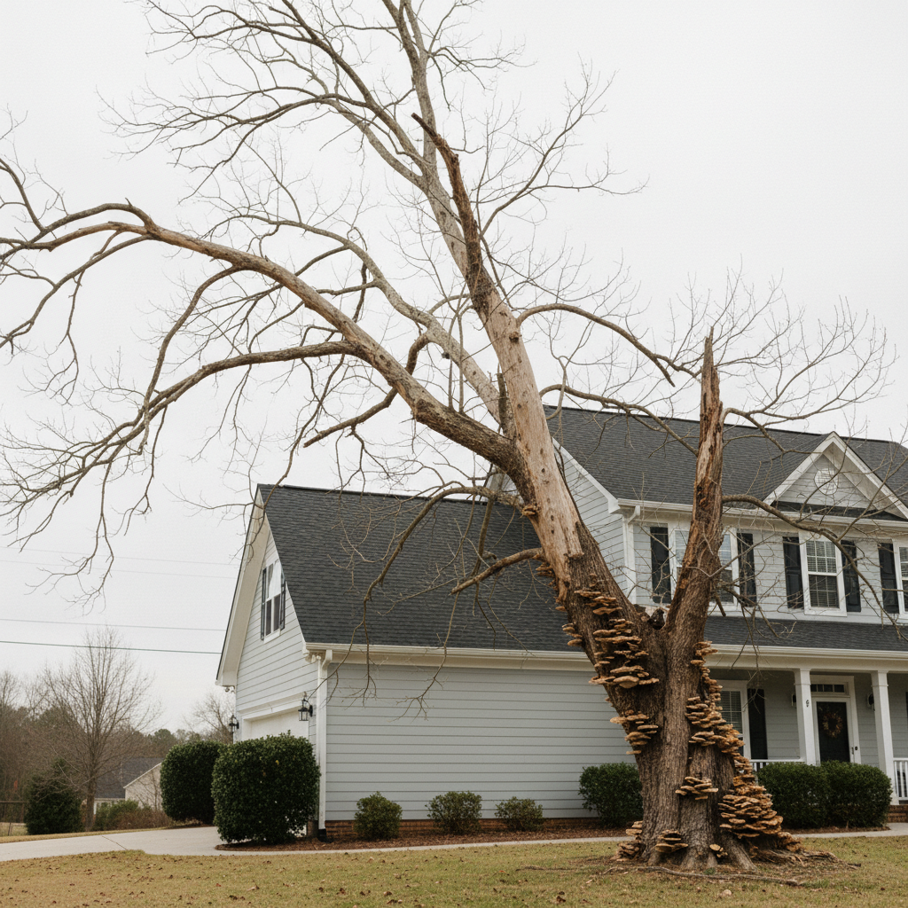 Dead tree with shelf fungi at the base standing dangerously close to a residential house in Raleigh North Carolina
