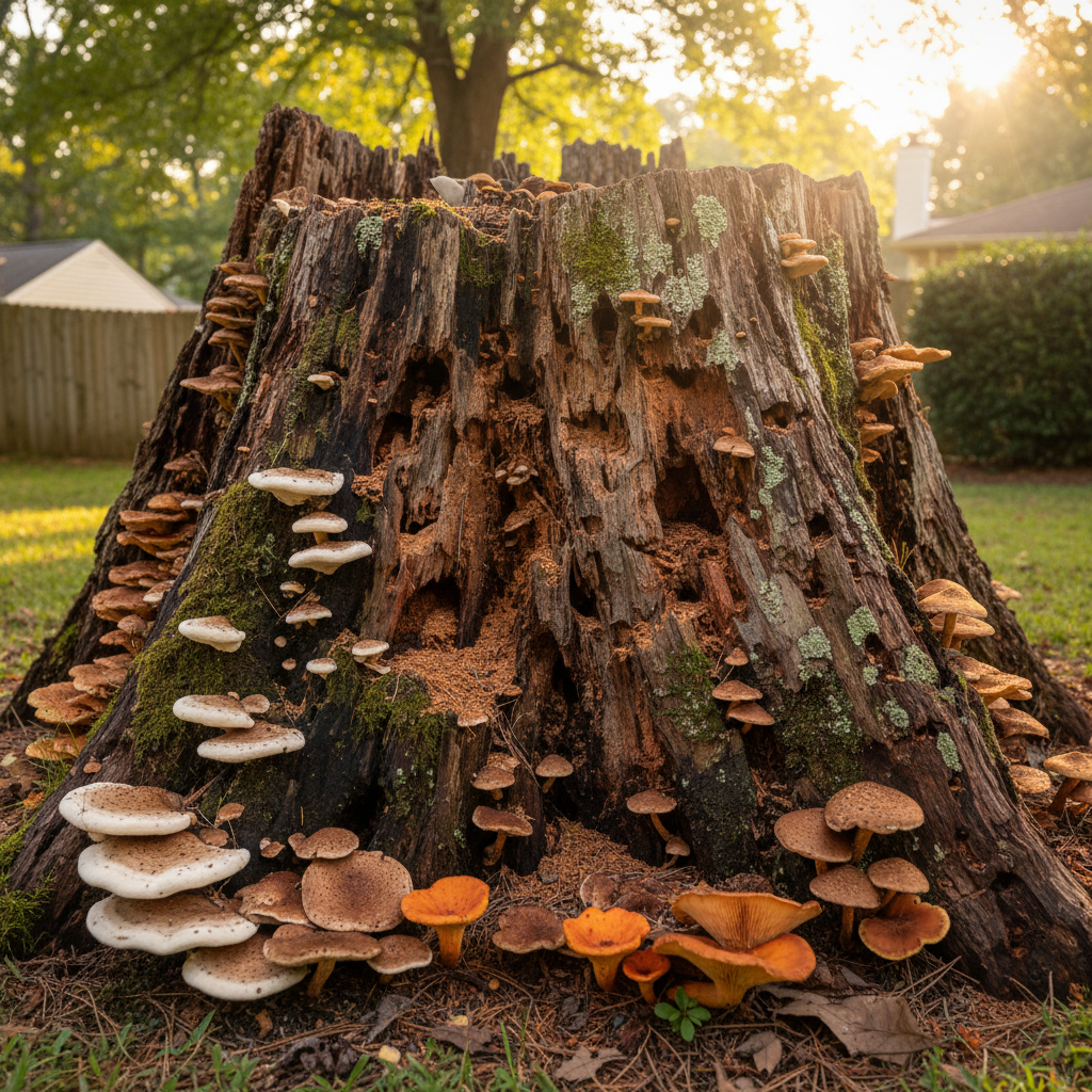 Decaying tree stump with fungal growth and ant activity in a Raleigh NC residential lawn, showing why stump grinding matters