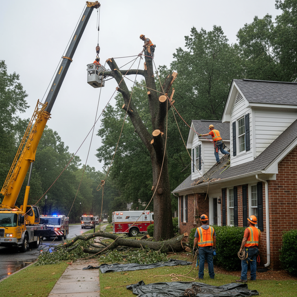 Ashland Tree Service crew using rigging equipment to safely remove storm-damaged tree sections from residential roof in Raleigh NC