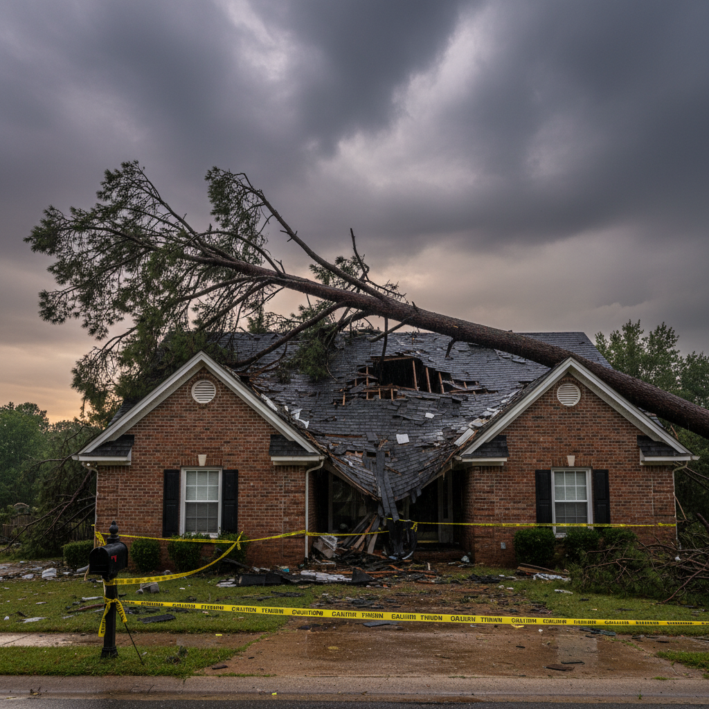 Large pine tree fallen across a residential roof in Raleigh NC after a summer thunderstorm requiring emergency removal