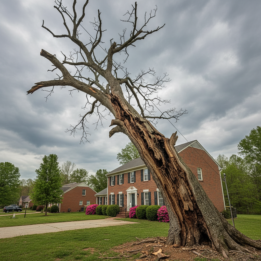 Large dead oak tree leaning toward a house in a Raleigh NC residential neighborhood, showing a structural hazard requiring immediate tree removal