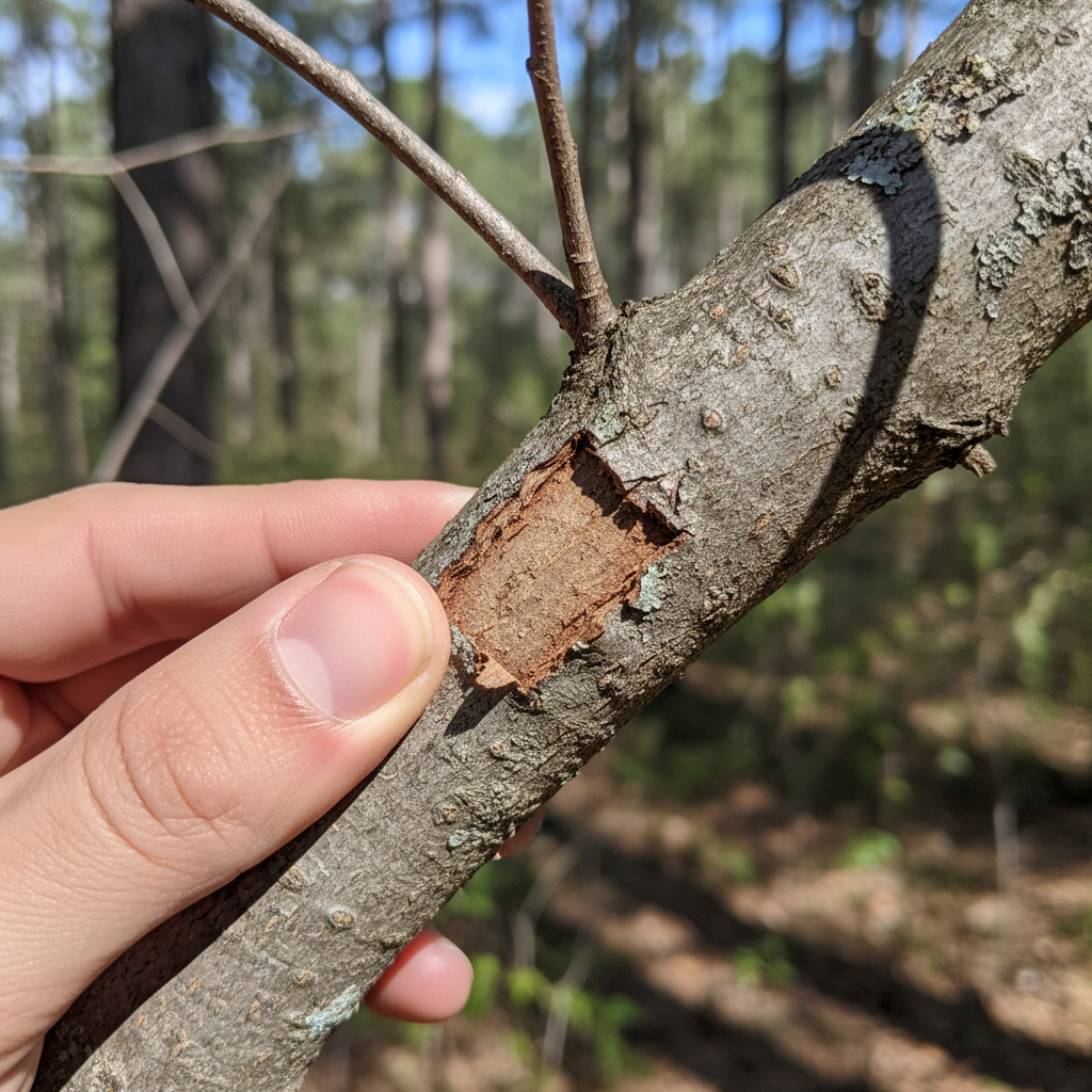 Close-up of a person performing the tree scratch test, scraping bark to reveal dry brown cambium underneath, a sign the branch is dead