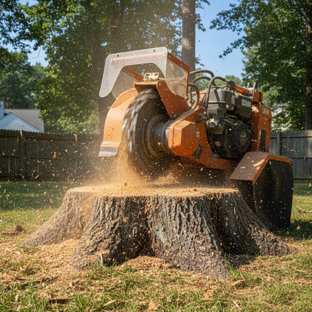 Ashland Tree Service stump grinder working on a large hardwood stump in a Wake County NC backyard