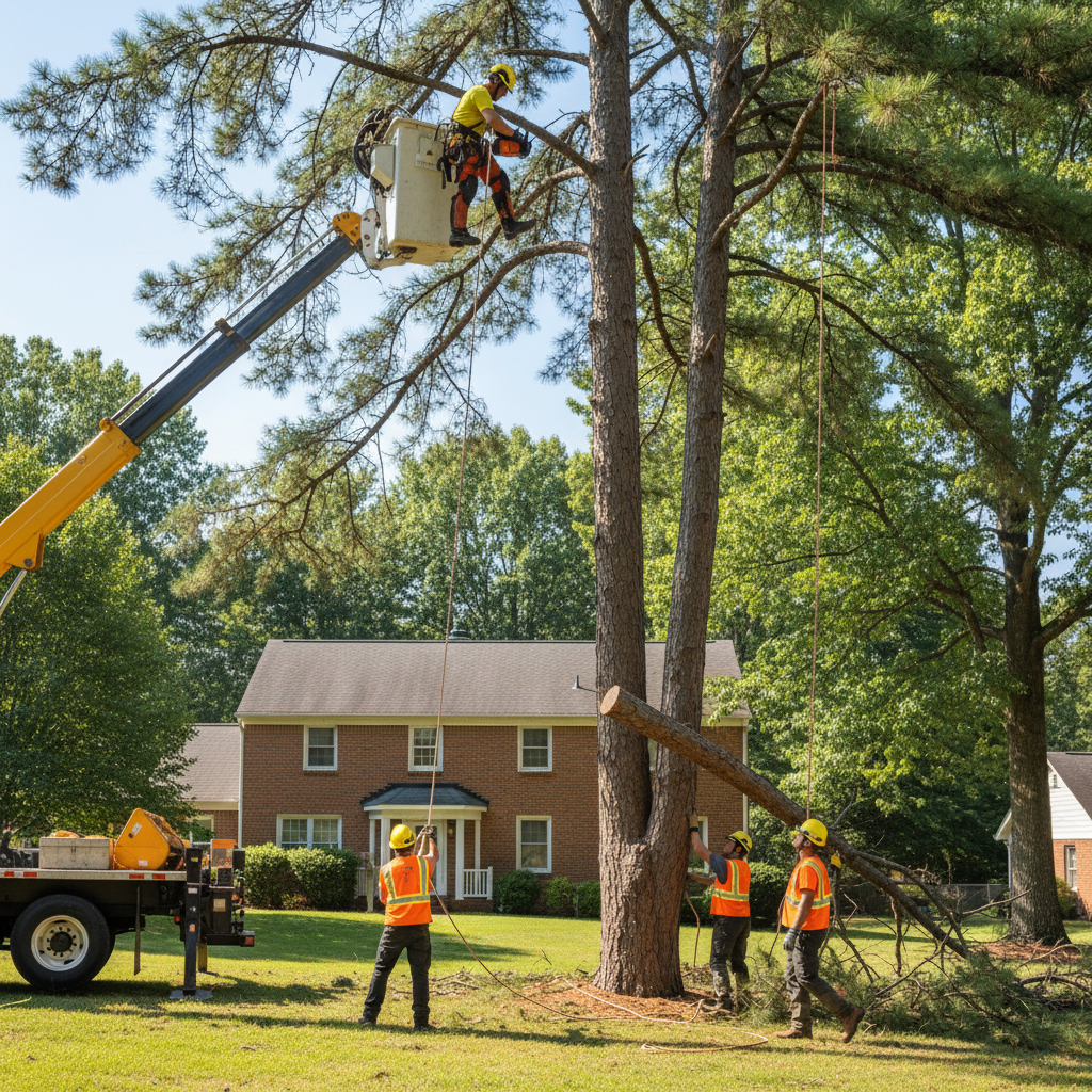 Ashland Tree Service bucket truck operator removing a large pine tree in a Raleigh NC neighborhood