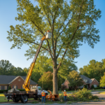Professional tree removal crew with bucket truck removing tall oak tree in Raleigh NC residential neighborhood