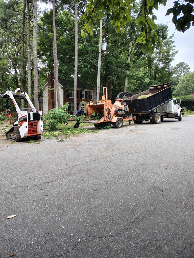 Ashland Tree Service crew feeding brush into a Bandit chipper beside a loaded dump truck on a residential street in Raleigh NC