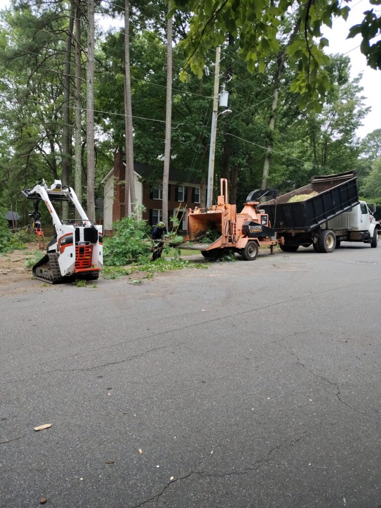 Ashland Tree Service Bobcat track loader with grapple, wood chipper and loaded dump truck on a residential street in Raleigh NC