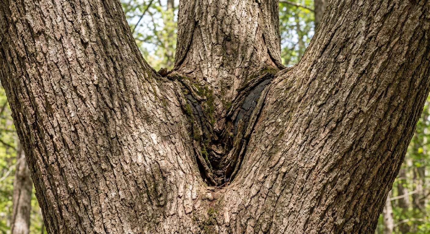 Narrow V-shaped fork on a Bradford pear trunk with bark trapped inside the union in Raleigh North Carolina