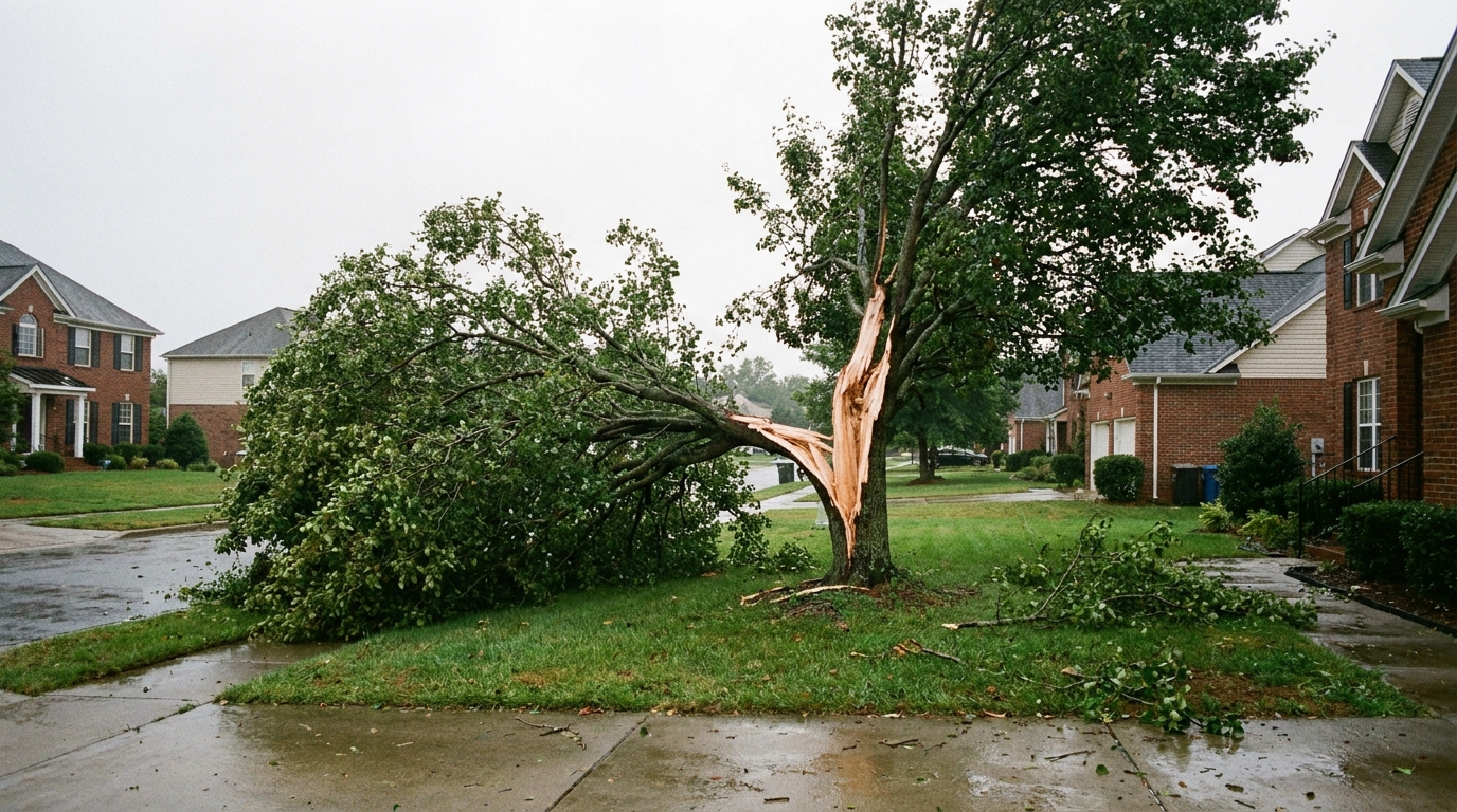 Bradford pear tree split apart down the middle after a storm in a Raleigh NC front garden