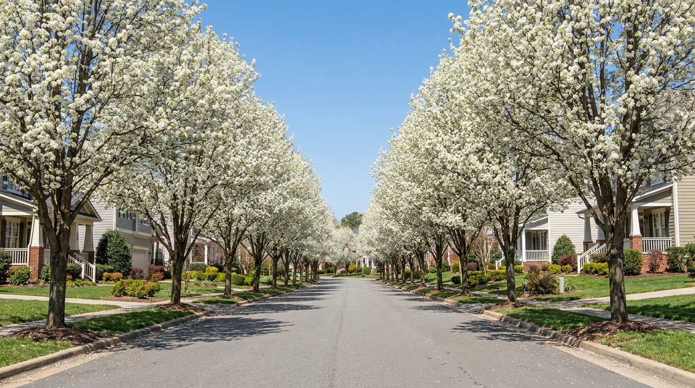 Row of Bradford pear trees in full white spring blossom lining a residential street in Raleigh North Carolina