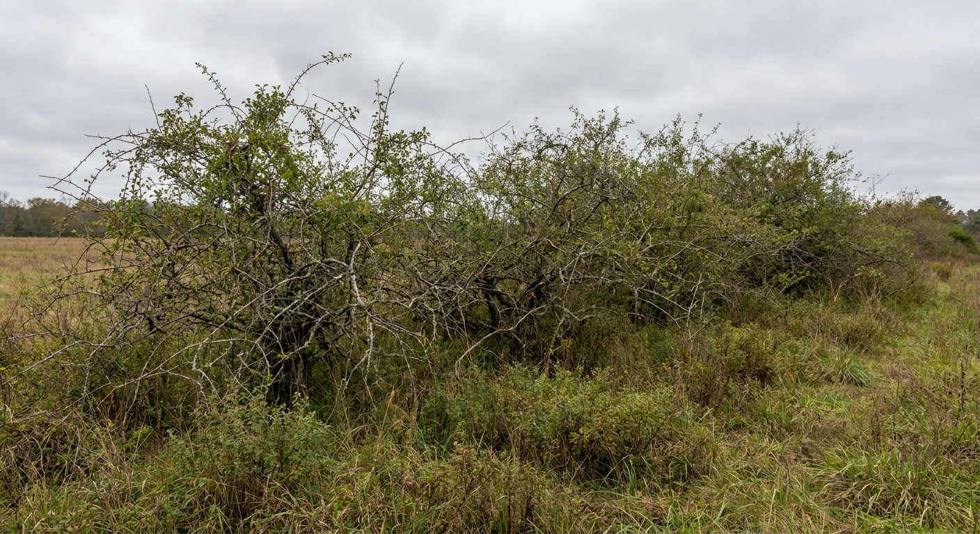 Wild Callery pear seedlings forming a dense thorny thicket along a field edge in North Carolina