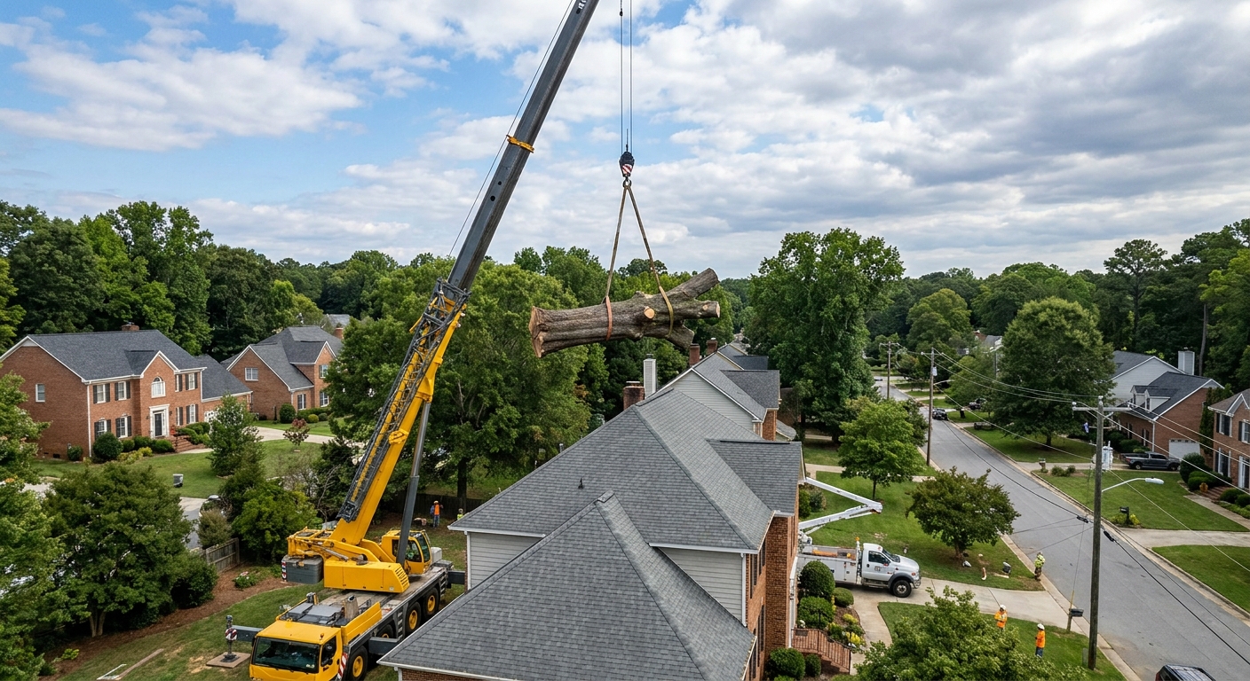 Crane lifting a large oak tree section up and away from a residential roof during crane-assisted tree removal in Raleigh NC
