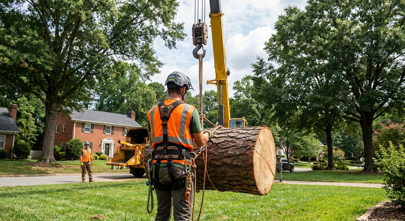 Certified arborist rigging a loblolly pine section to a crane hook during crane assisted tree removal on a Raleigh NC property