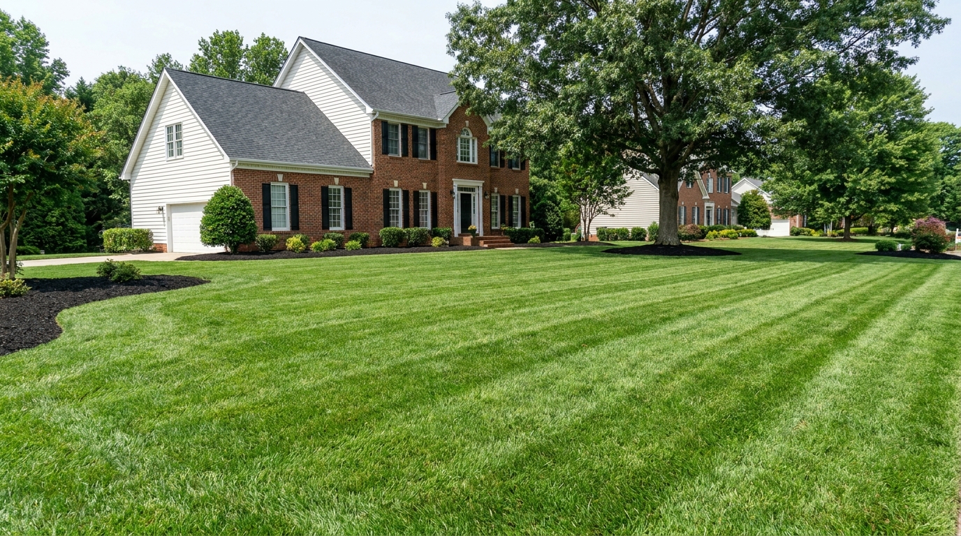 Clean raked lawn with all debris removed after crane assisted tree removal at a Raleigh NC home