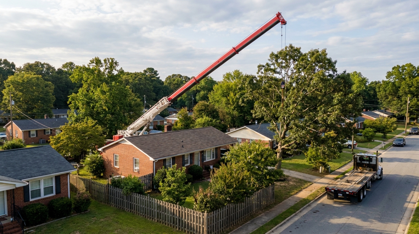 Crane boom reaching over a house into a confined Raleigh NC backyard where a large tree cannot be dropped safely
