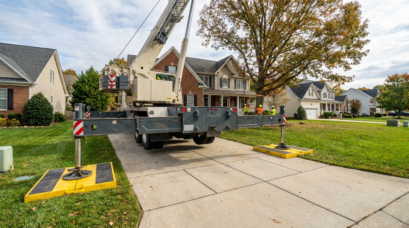 Crane outriggers set on load-spreading pads across a residential driveway before crane tree removal in Raleigh NC