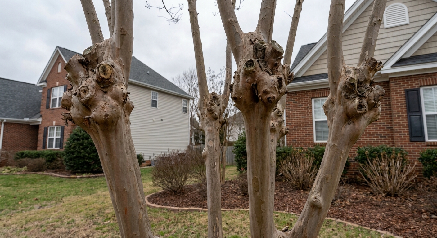 Crape myrtle severely cut back to thick knuckled stubs, known as crape murder, in a Raleigh NC front garden
