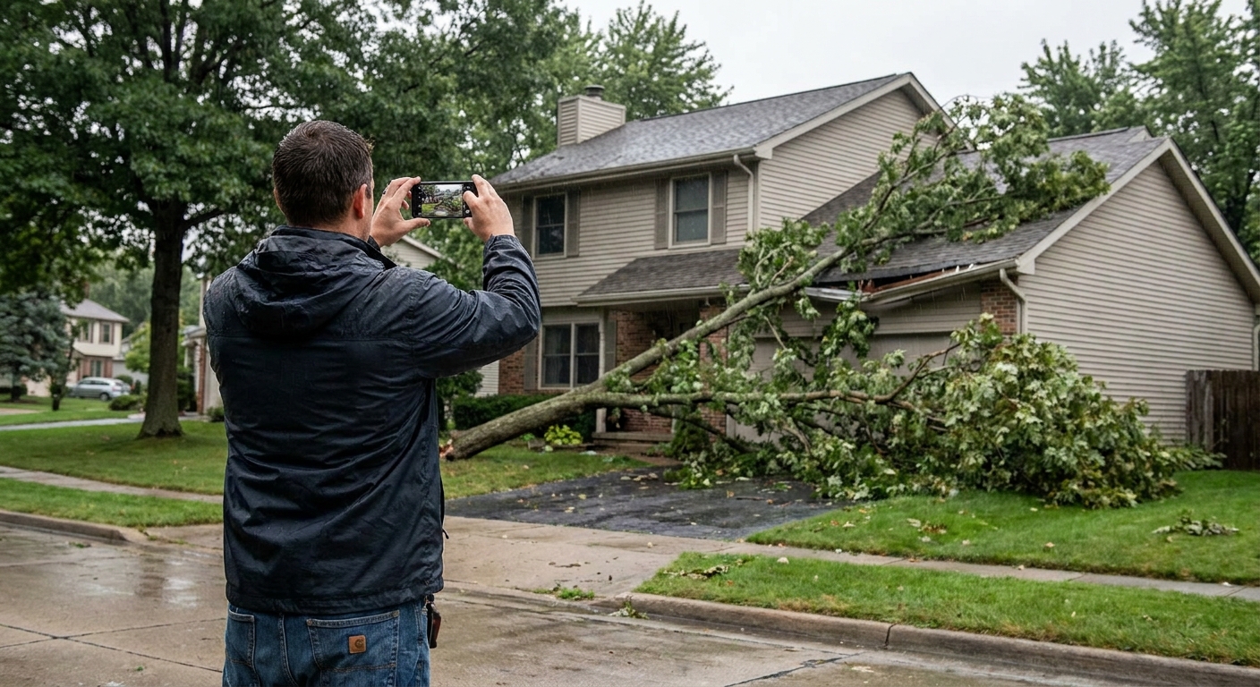 Homeowner photographing storm damage where a fallen tree struck a roof in Raleigh NC for an insurance claim
