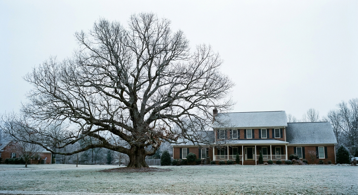 Bare dormant deciduous tree in winter showing clear branch structure before pruning in Raleigh North Carolina