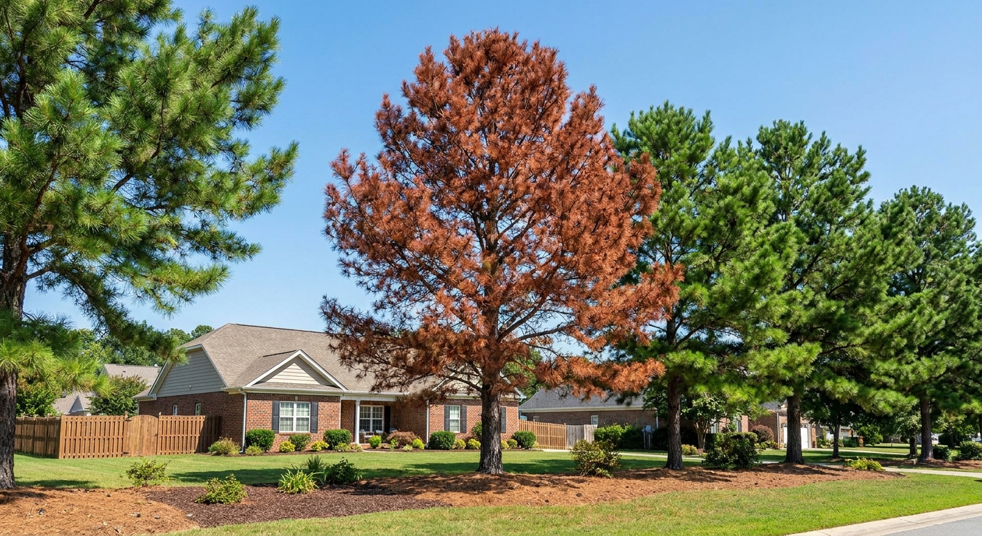 Dying loblolly pine with browning red needles in the upper canopy beside healthy green pines in Raleigh NC