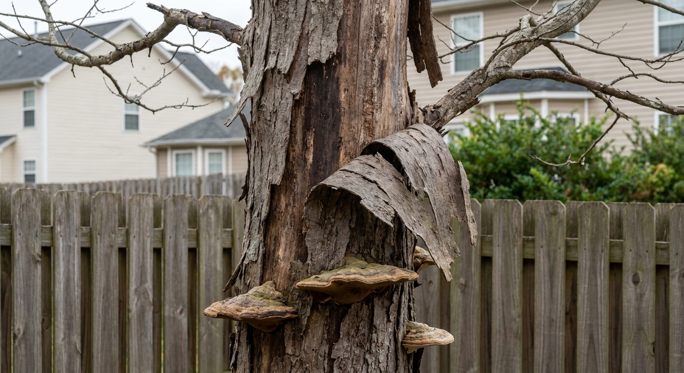 Dead tree with peeling bark and fungal growth at the base standing near a property line in Raleigh North Carolina