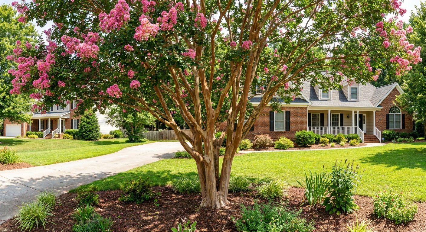 Healthy crape myrtle in full bloom with natural multi-trunk form and mottled bark in Raleigh NC