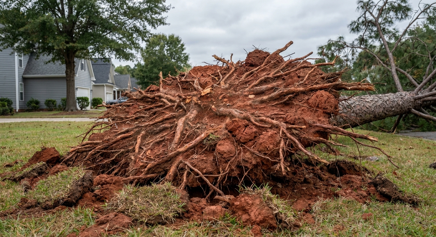 Exposed shallow root plate of a loblolly pine showing wide surface roots in Raleigh North Carolina clay soil