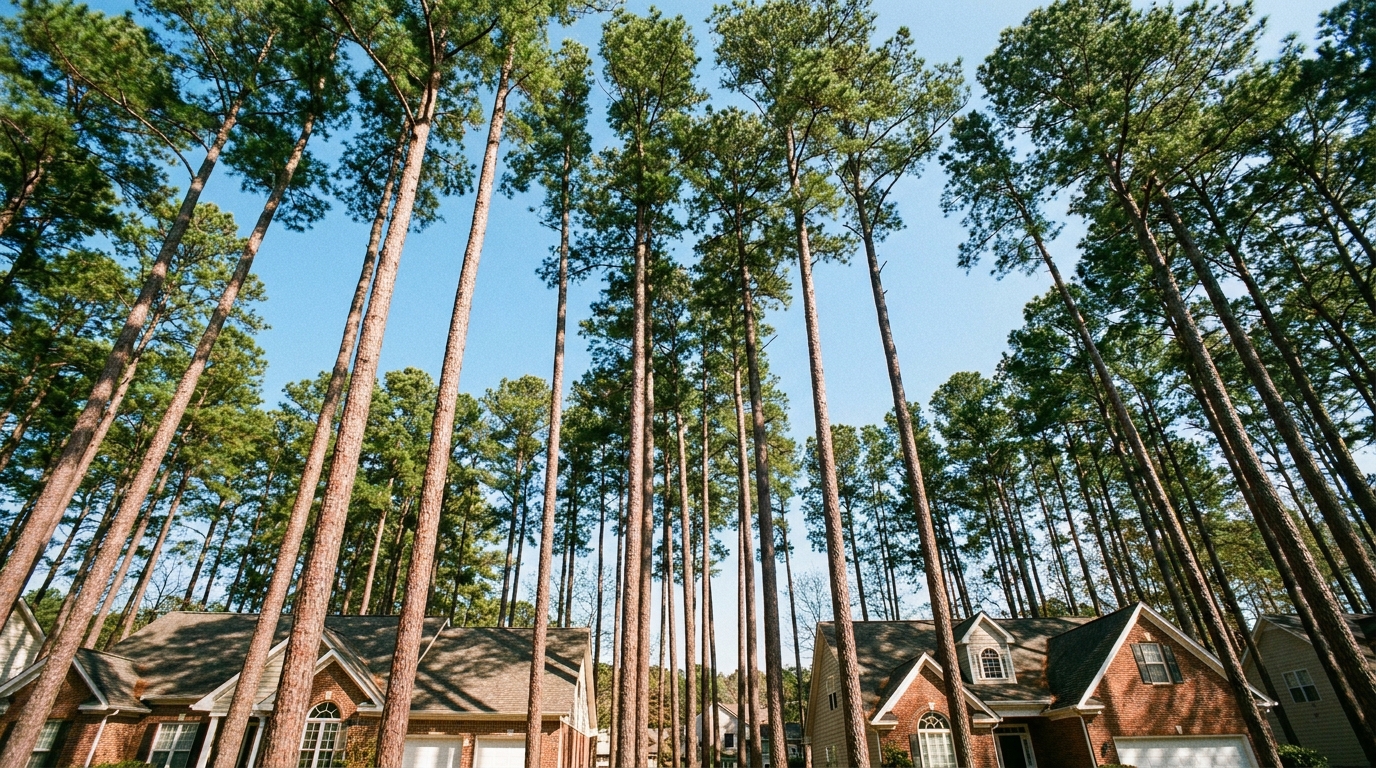 Tall mature loblolly pine trees towering over a suburban Raleigh NC neighbourhood of single-family homes