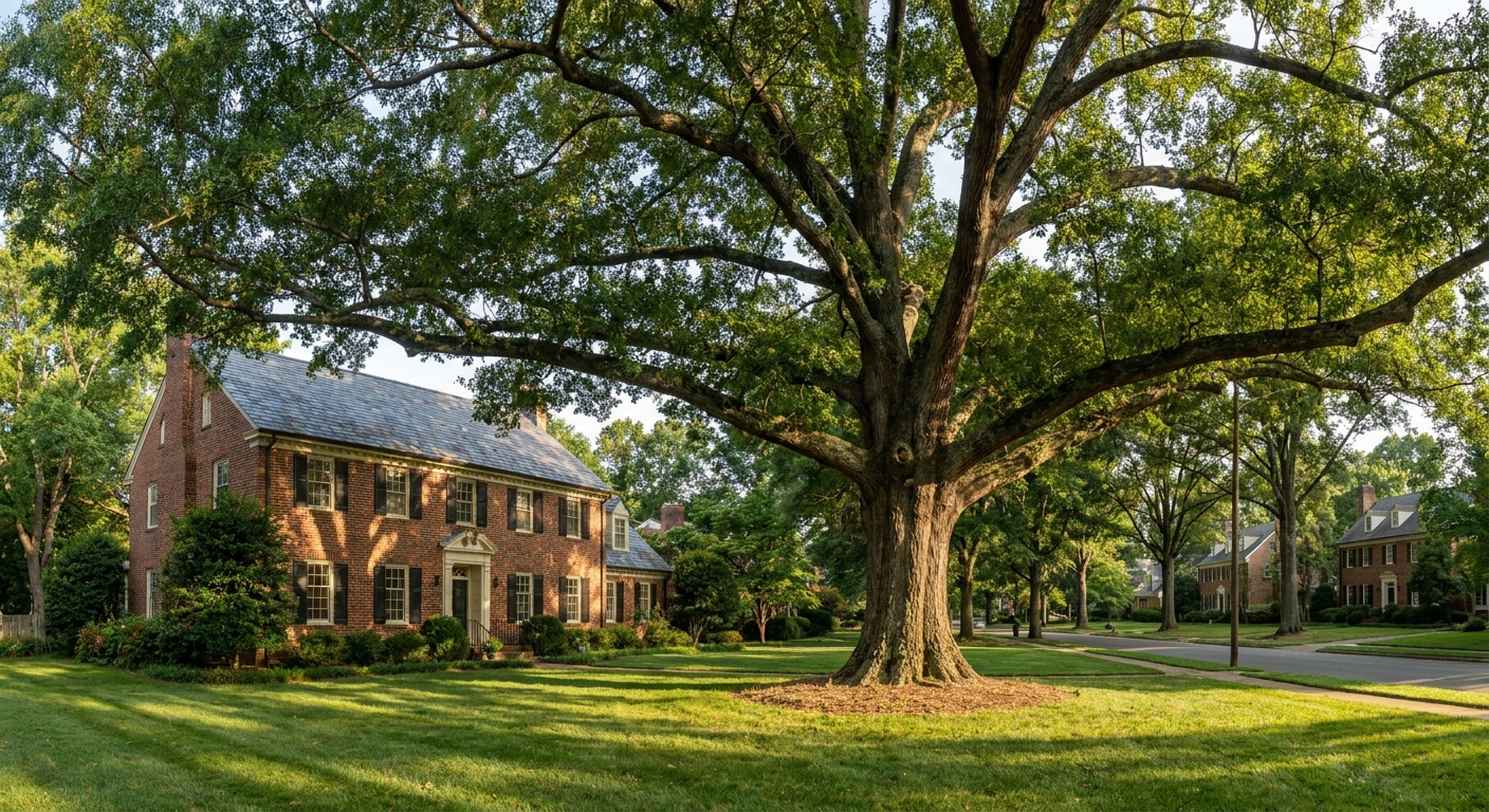 Large mature willow oak with a broad spreading canopy over a residential garden in Raleigh North Carolina