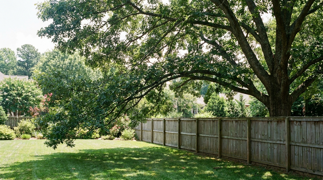 Tree branches from one garden overhanging a wooden boundary fence into a neighbouring Raleigh NC property