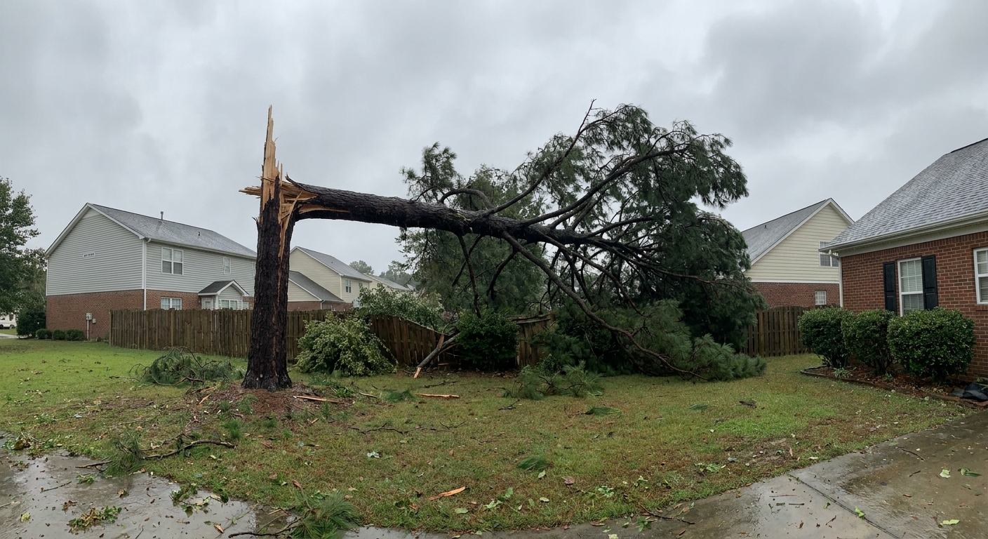 Loblolly pine snapped partway up the trunk after a storm in a Raleigh NC residential garden