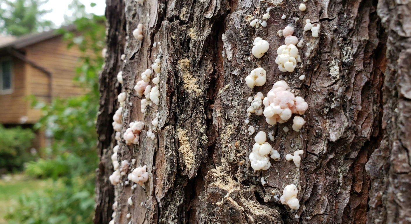 Close-up of white resin pitch tubes on loblolly pine bark indicating southern pine beetle attack in North Carolina