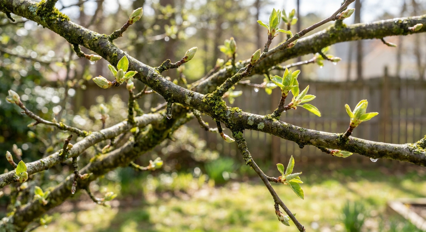 Fresh spring buds and new leaf growth opening on tree branches in Raleigh North Carolina