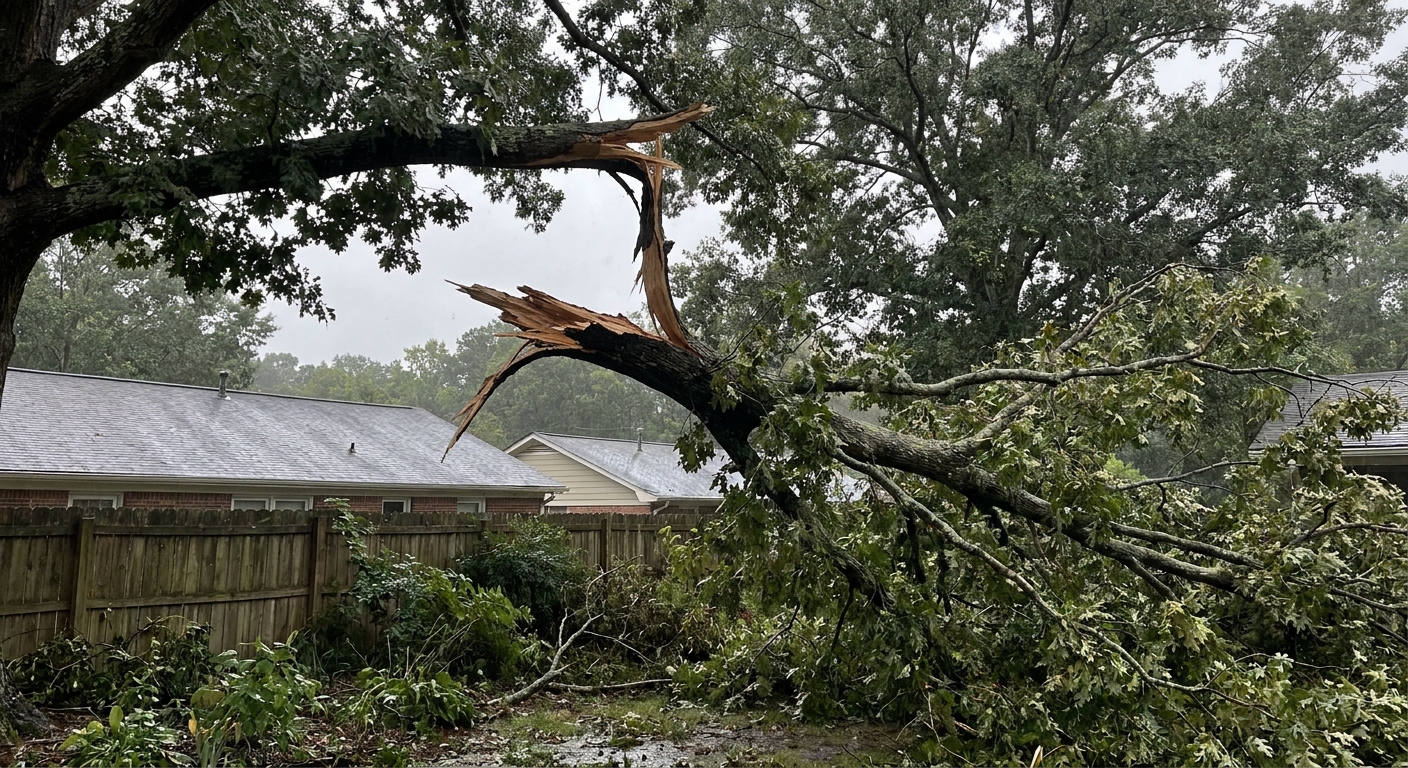 Large broken tree limb hanging caught in the canopy above a garden after a storm in Raleigh North Carolina