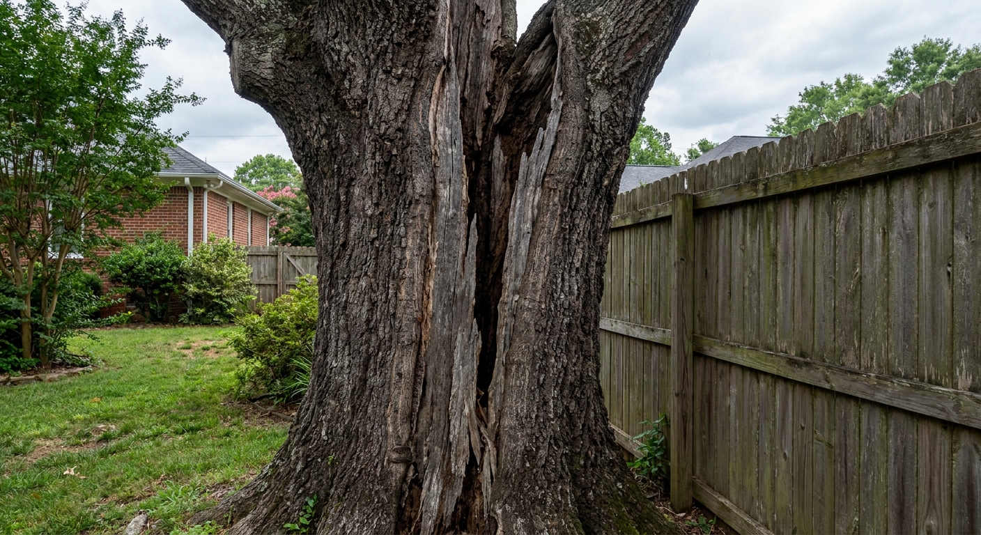 Storm-damaged tree with a badly split trunk beside a residential fence in Wake County North Carolina