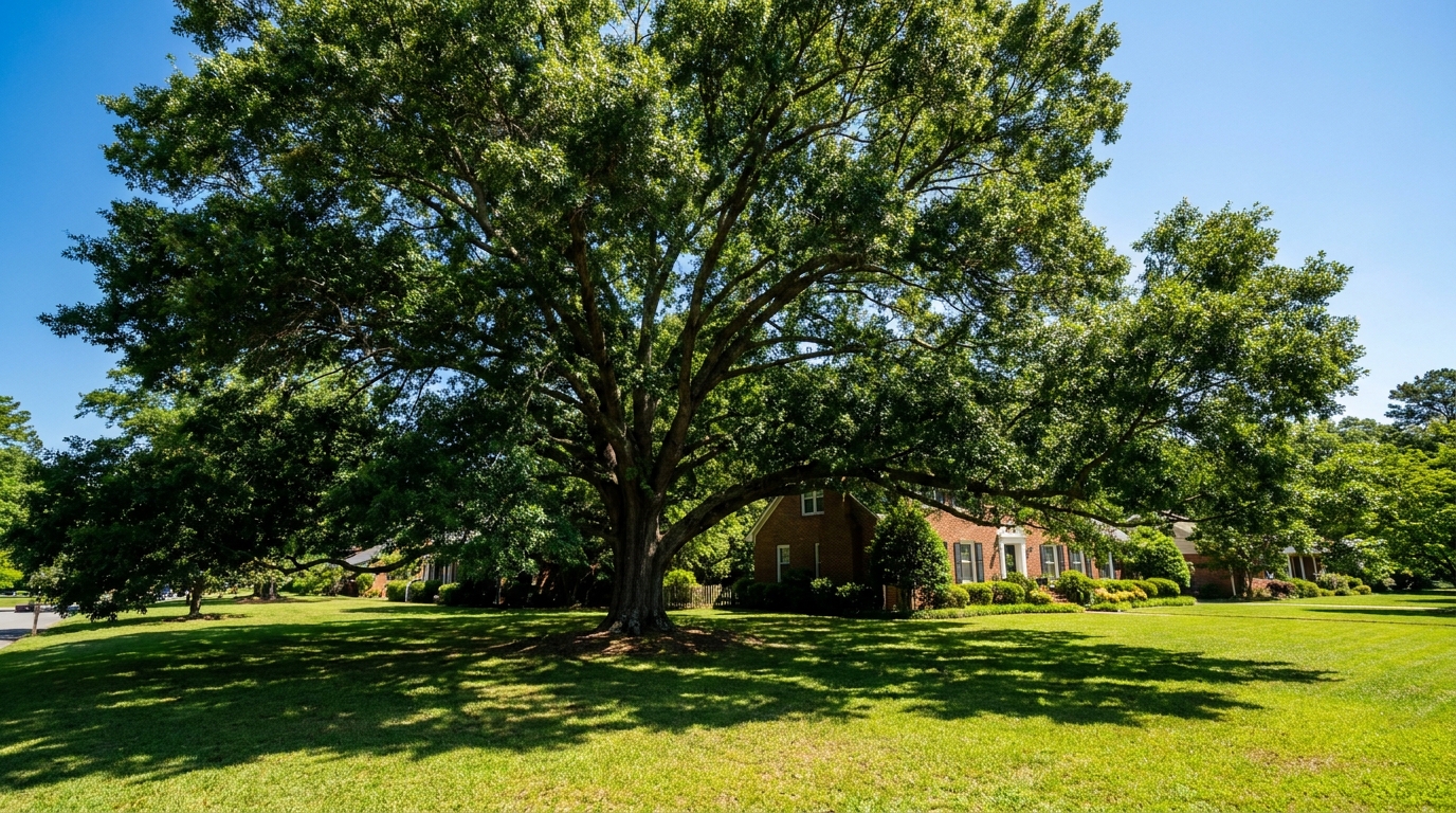 Mature tree in full summer leaf under bright sun in a Raleigh NC garden during peak growing season