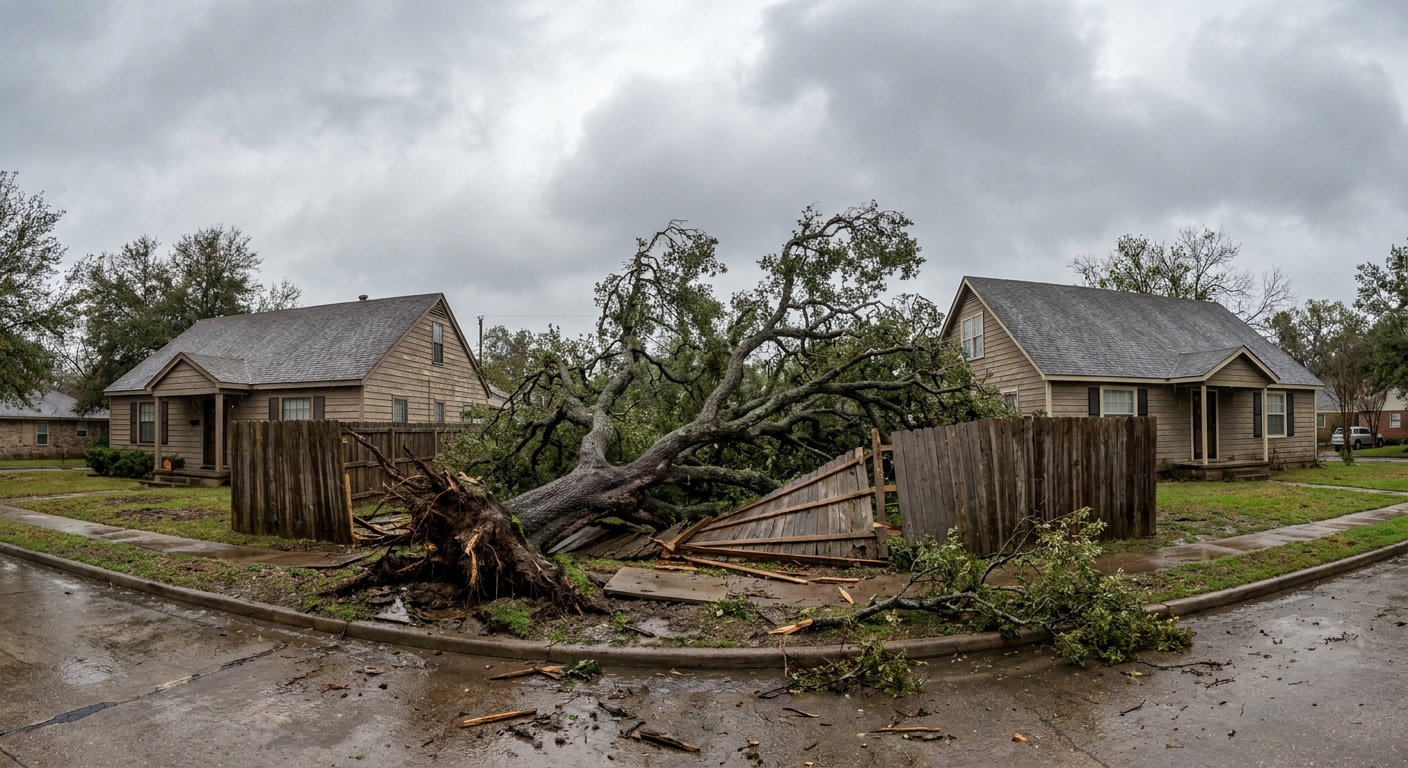 Large fallen tree lying across a fence line between two neighbouring homes in Raleigh NC after a storm