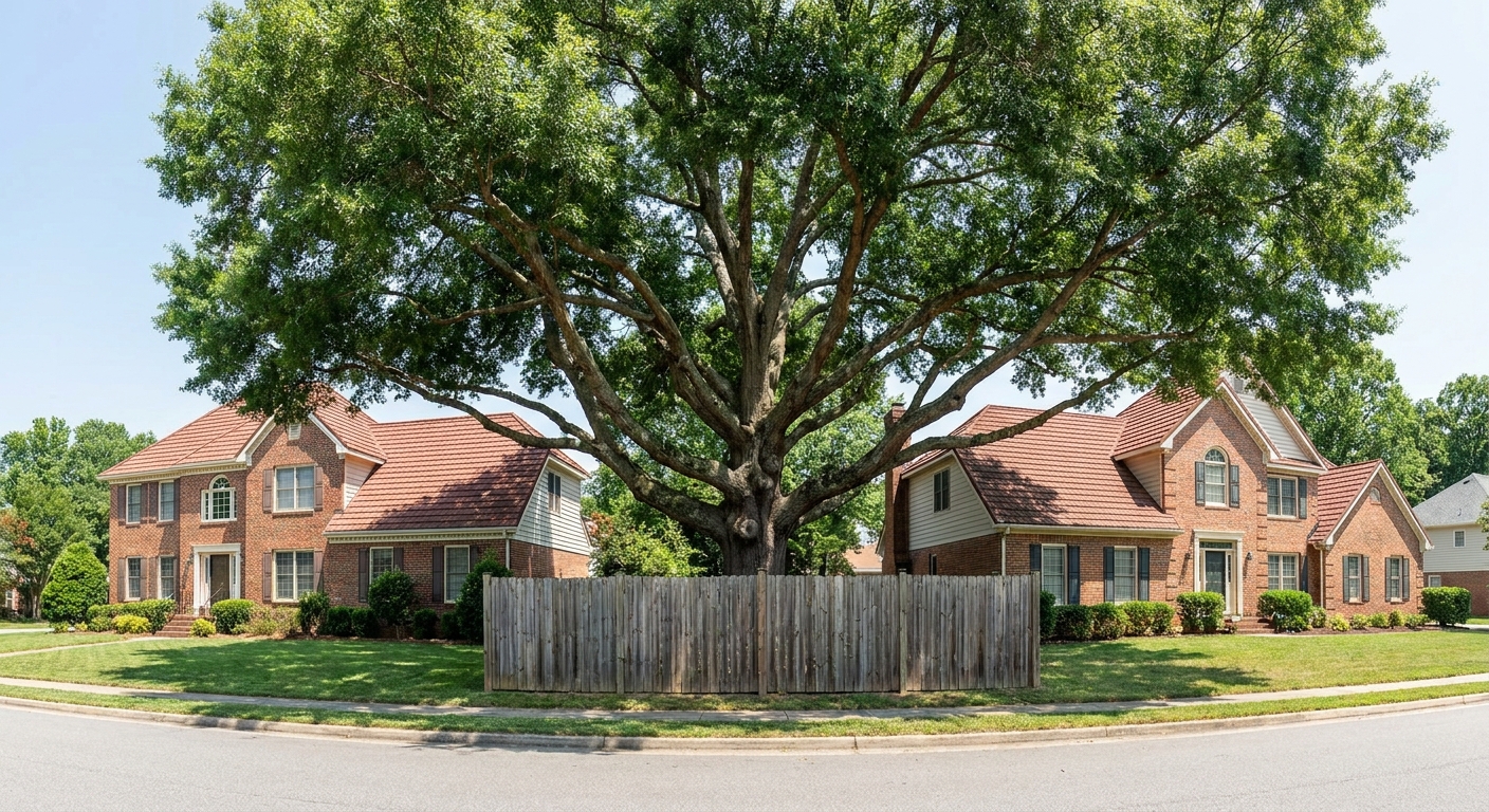 Large mature tree growing on the boundary line between two neighbouring homes in Raleigh North Carolina