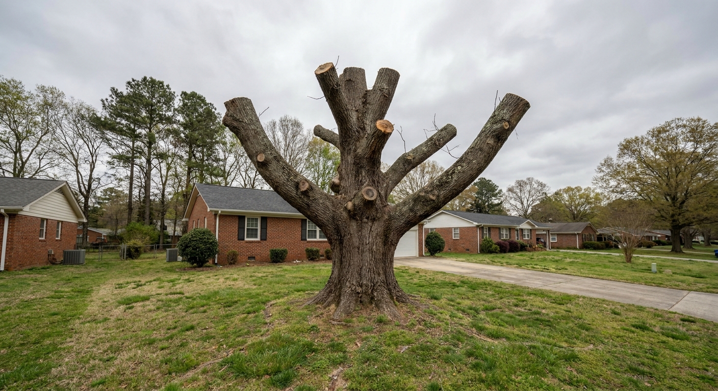 Large shade tree that has been topped, showing bare cut stubs where the main limbs were removed in a Raleigh NC yard
