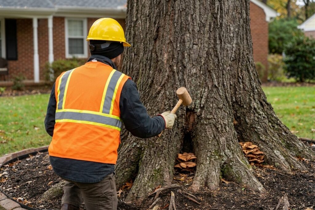 Tree care worker in hard hat and hi-vis vest sounding the base of a large old oak with a mallet beside mushrooms and a cavity in Raleigh NC