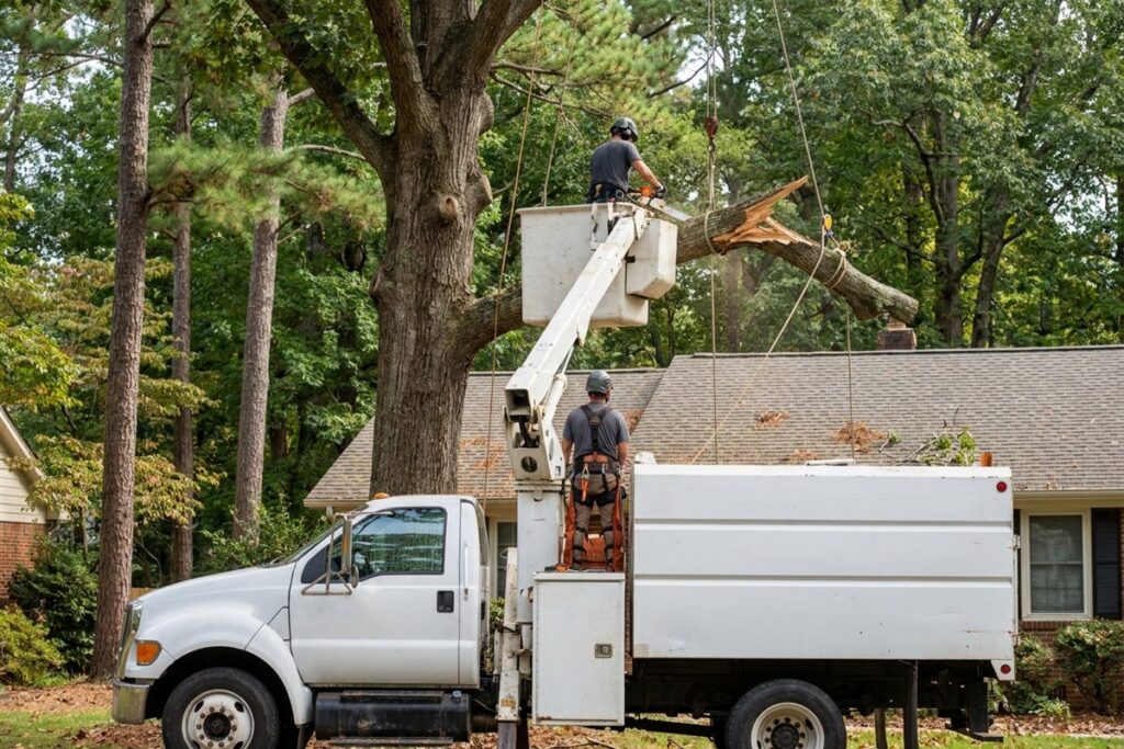Arborist in a bucket truck cutting a broken hanging limb above a house roof during storm cleanup in Raleigh NC