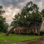 Large oak leaning toward a two-story brick house in a Raleigh NC neighborhood after a summer rainstorm