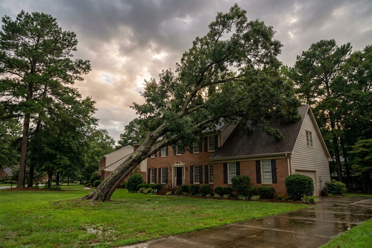 Large oak leaning toward a two-story brick house in a Raleigh NC neighborhood after a summer rainstorm