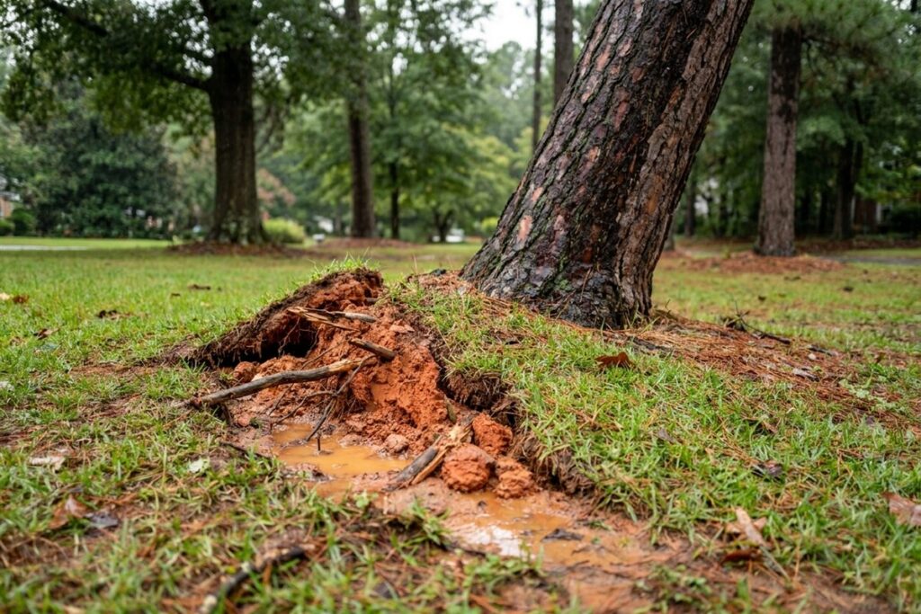 Leaning pine with its root plate lifting out of wet red clay soil after heavy rain in a Wake County NC yard